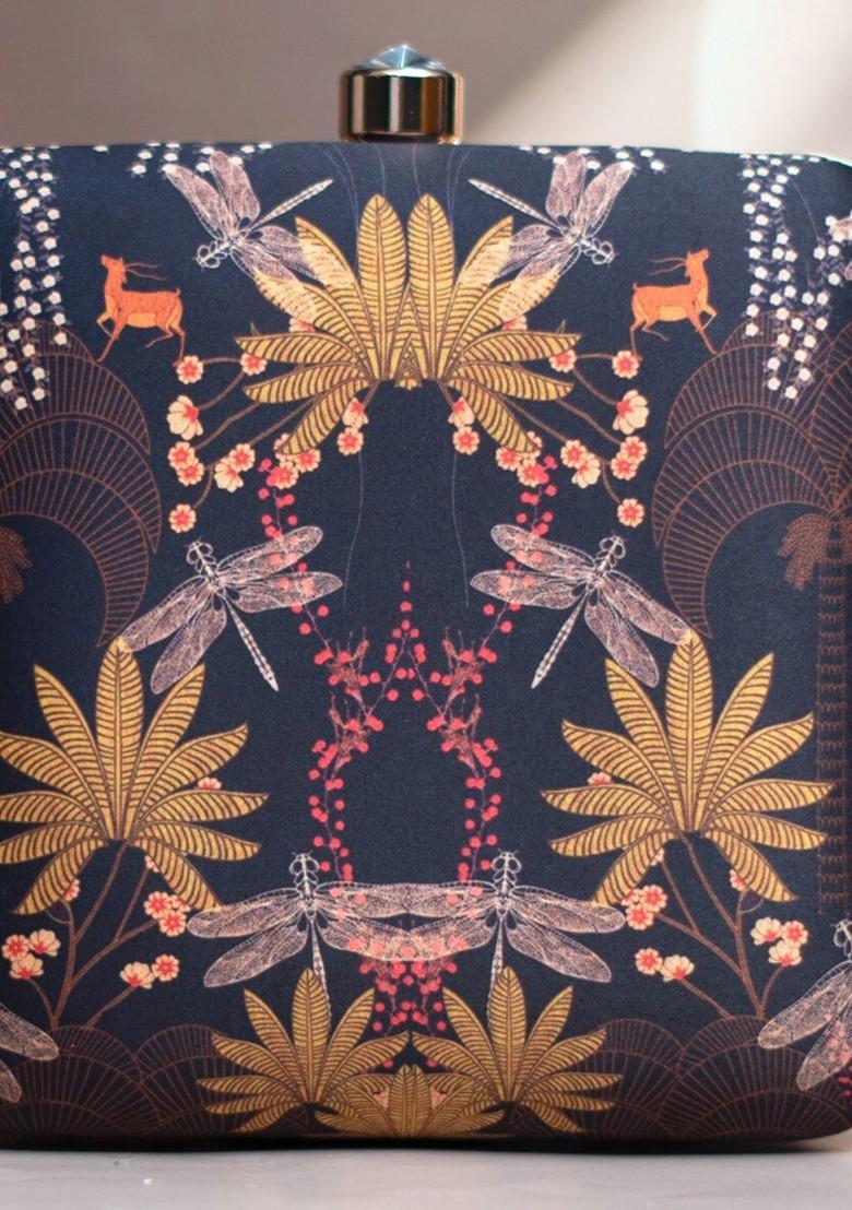 Blue Fabric Ethnic Motifs Printed Box Clutch - Indya