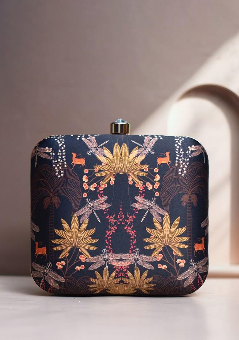 Blue Fabric Ethnic Motifs Printed Box Clutch - Indya