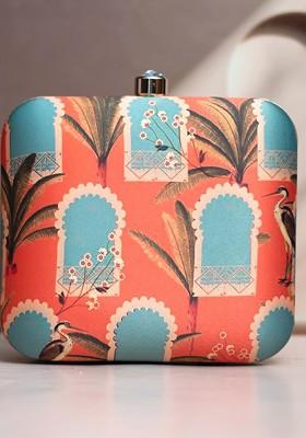 Orange Fabric Floral Printed Box Clutch