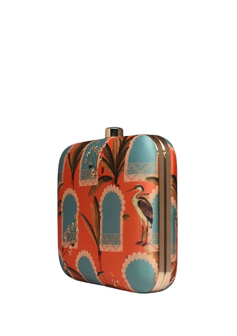 Orange Fabric Floral Printed Box Clutch - Indya