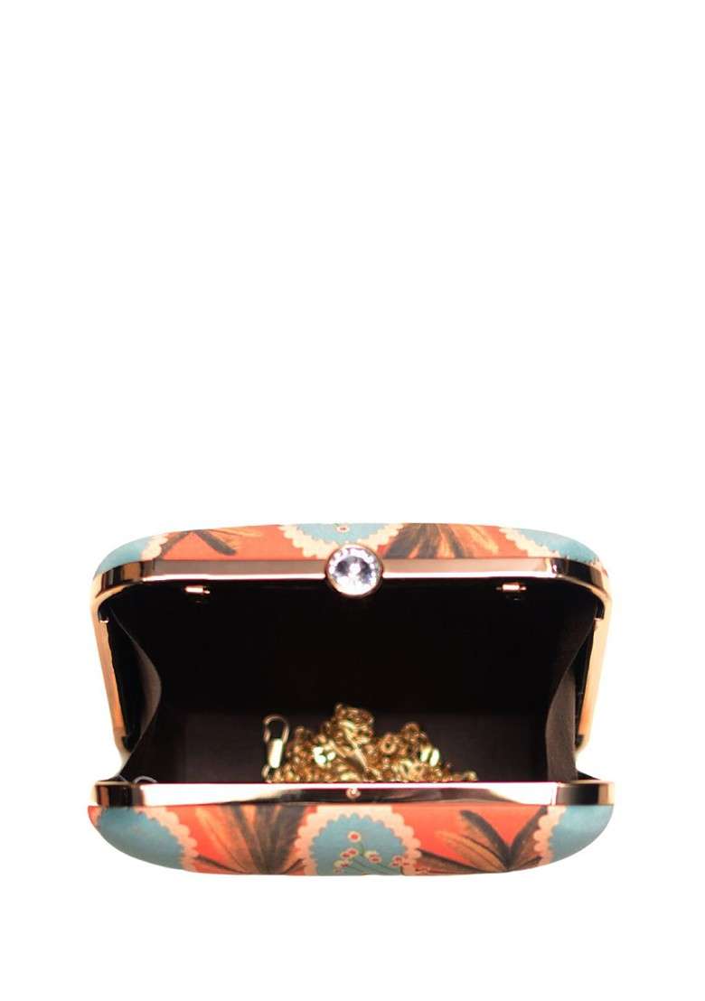 Orange Fabric Floral Printed Box Clutch - Indya