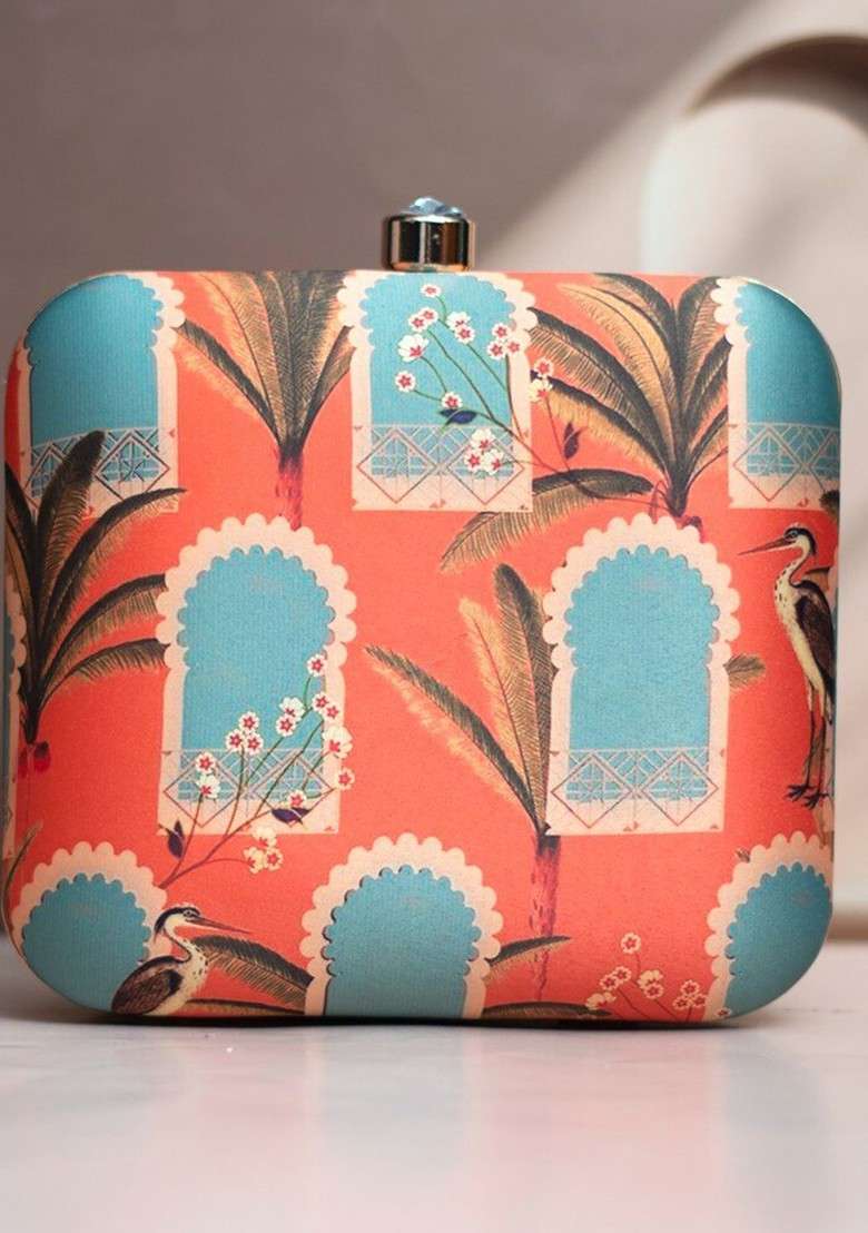 Orange Fabric Floral Printed Box Clutch - Indya