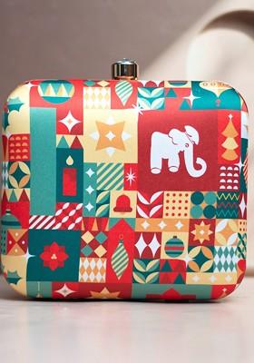 Red Fabric Ethnic Motifs Printed Box Clutch