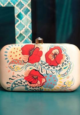 Cream Fabric Floral Printed Box Clutch