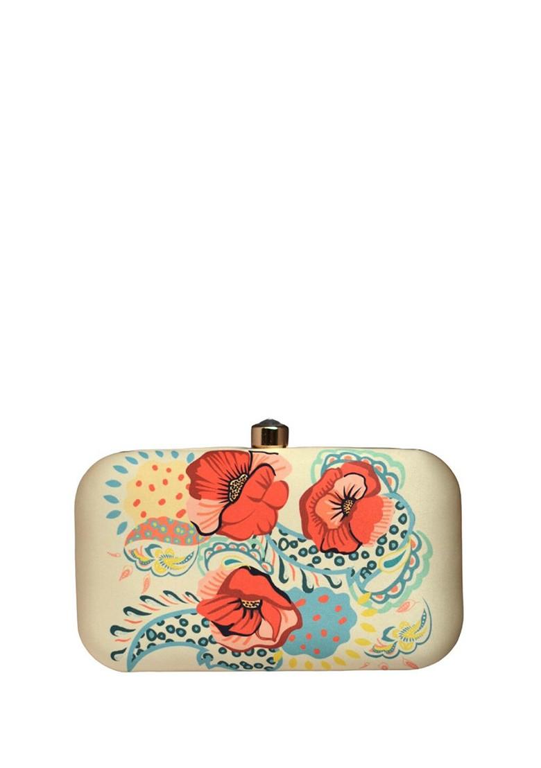 Cream Fabric Floral Printed Box Clutch - Indya
