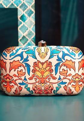 White Fabric Floral Printed Box Clutch