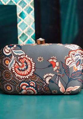 Grey Fabric Floral Printed Box Clutch