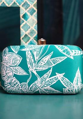 Green Fabric Floral Printed Box Clutch