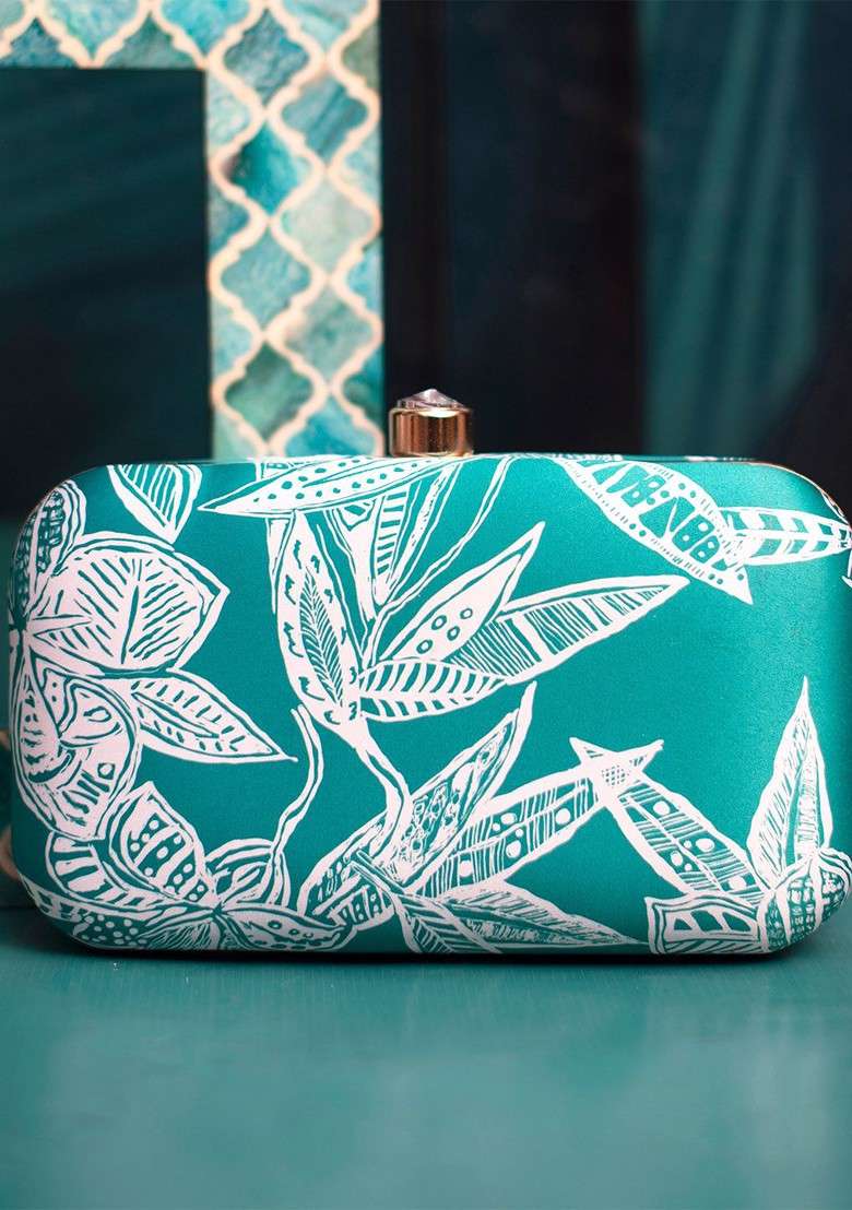 Green Fabric Floral Printed Box Clutch - Indya