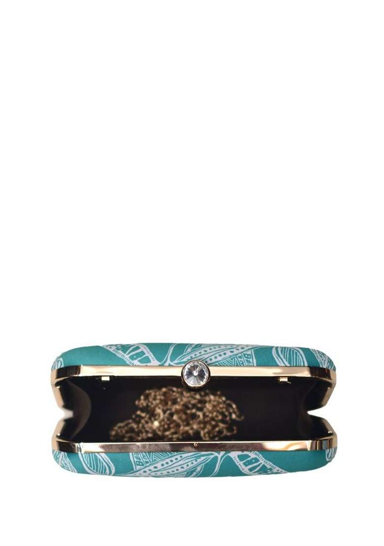 Green Fabric Floral Printed Box Clutch - Indya