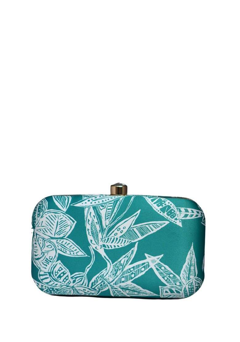 Green Fabric Floral Printed Box Clutch - Indya