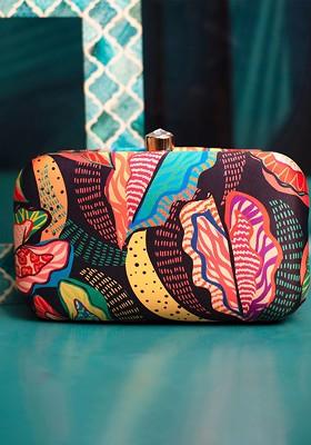 Brown Fabric Abstract Printed Box Clutch