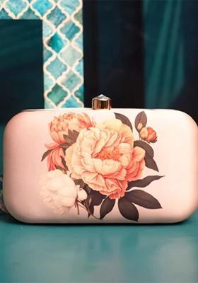 Peach Fabric Floral Printed Box Clutch