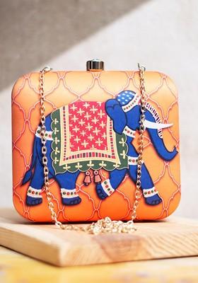Orange Fabric Printed Box Clutch
