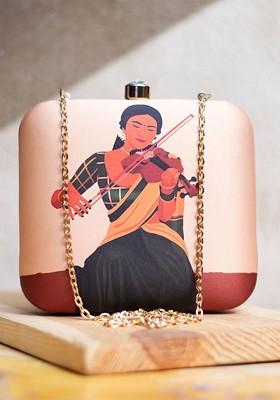 Cream Fabric Printed Box Clutch