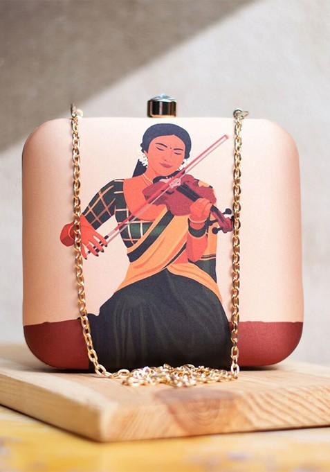 Cream Fabric Printed Box Clutch