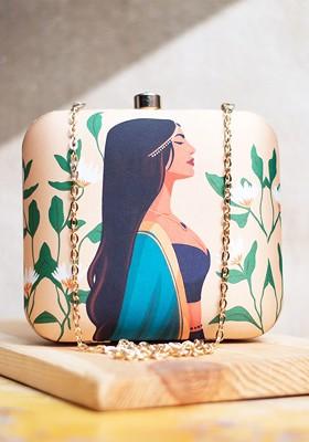 Cream Fabric Printed Box Clutch