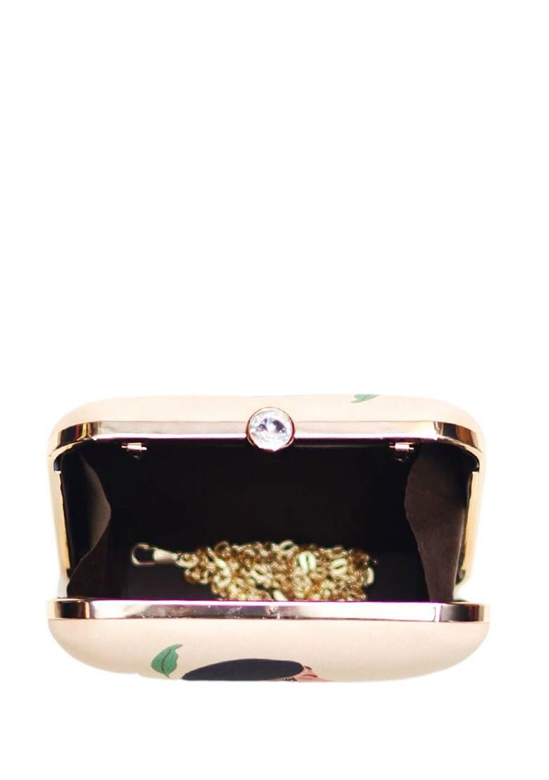 Cream Fabric Printed Box Clutch - Indya