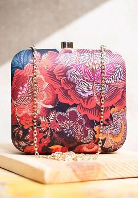 Maroon Fabric Printed Box Clutch