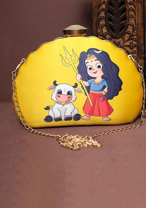 Yellow Fabric Printed Half Moon Clutch