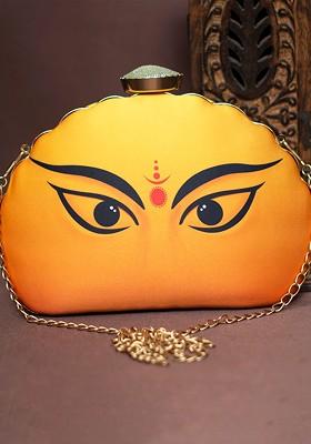 Yellow Fabric Printed Half Moon Clutch