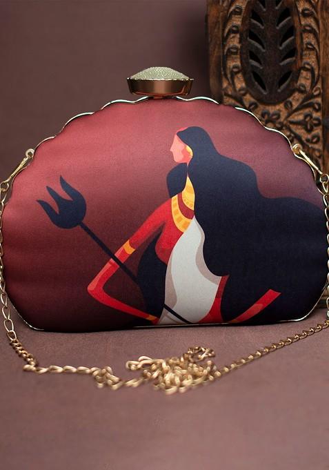 Maroon Fabric Printed Half Moon Clutch