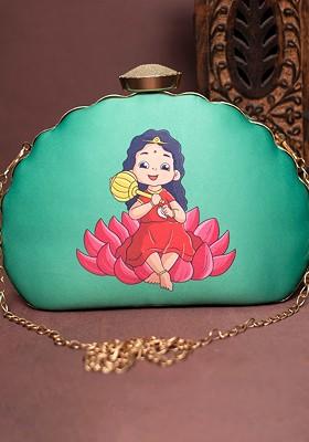 Green Fabric Durga Printed Half Moon Clutch