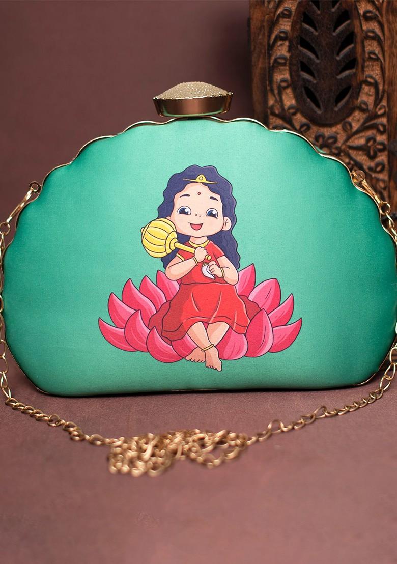 Green Fabric Durga Printed Half Moon Clutch - Indya