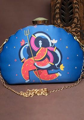 Blue Fabric Printed Half Moon Clutch