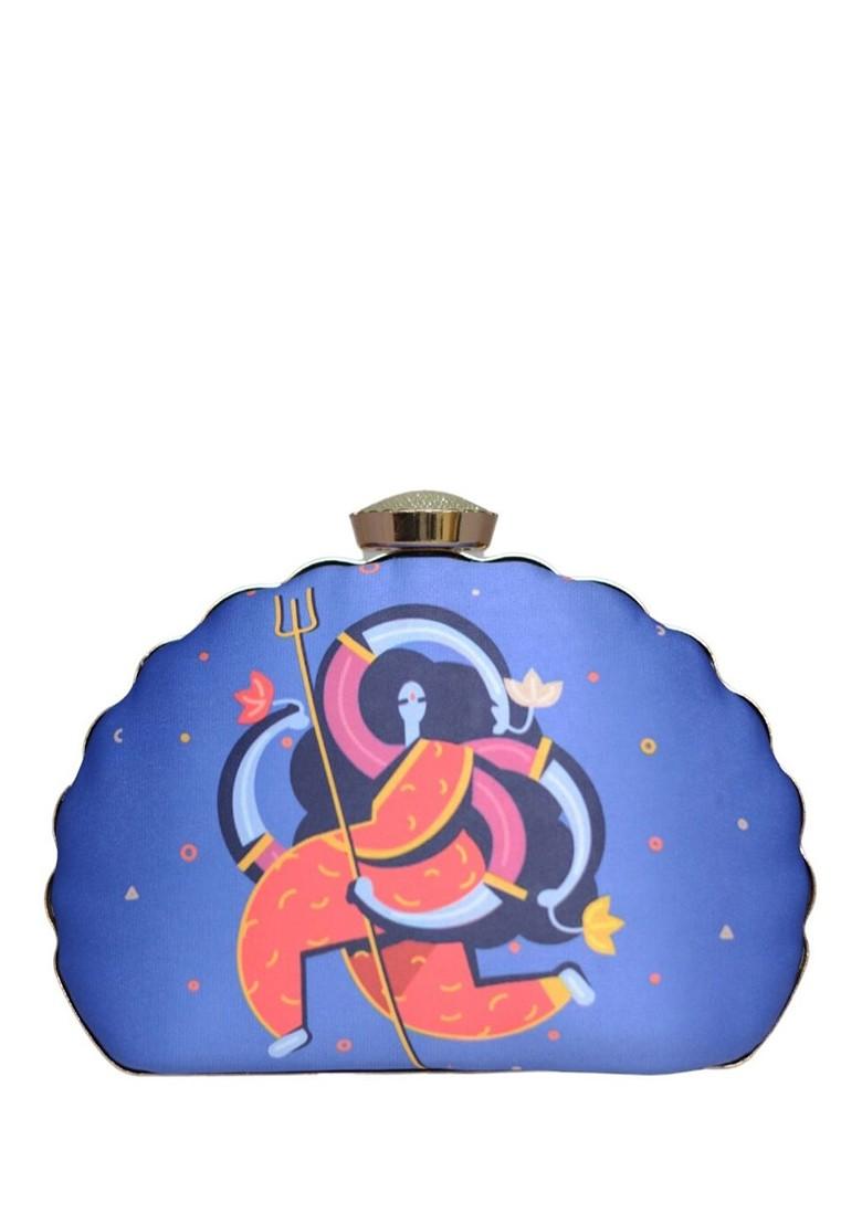 Blue Fabric Printed Half Moon Clutch - Indya