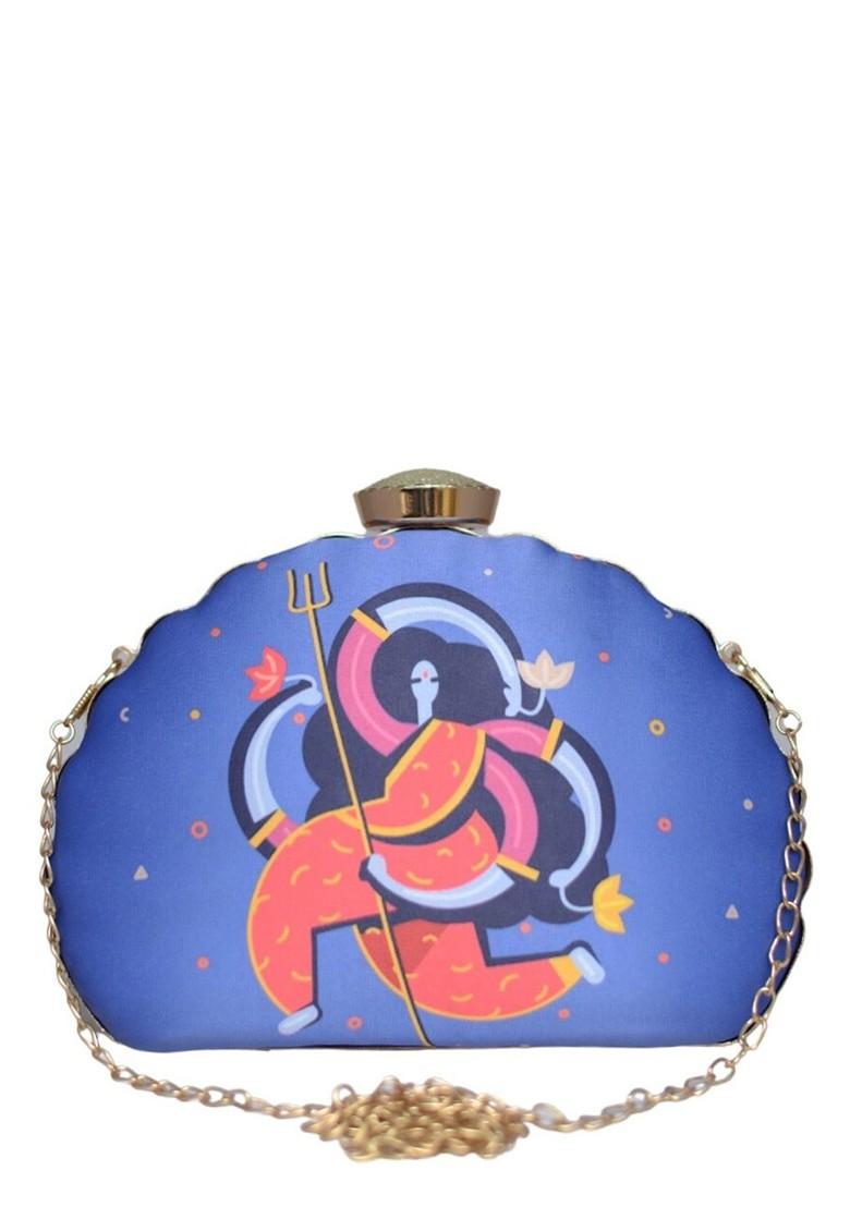 Blue Fabric Printed Half Moon Clutch - Indya