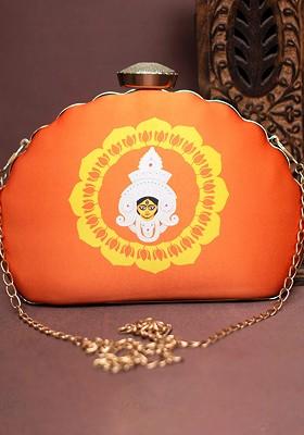 Orange Fabric Printed Half Moon Clutch