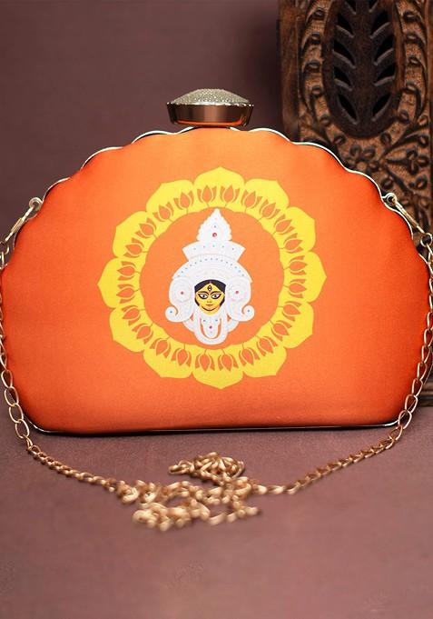 Orange Fabric Printed Half Moon Clutch