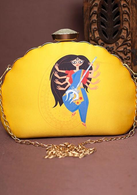 Yellow Fabric Printed Half Moon Clutch