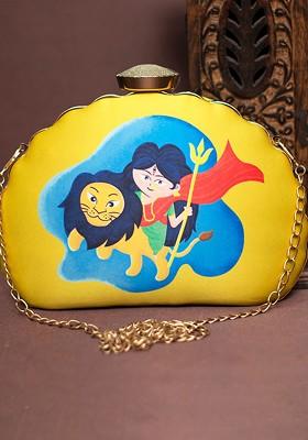 Yellow Fabric Durga Printed Half Moon Clutch