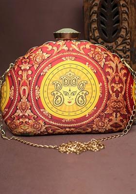 Maroon Fabric Durga Printed Half Moon Clutch