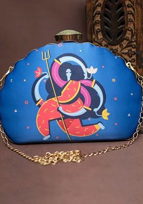 Blue Fabric Printed Half Moon Clutch