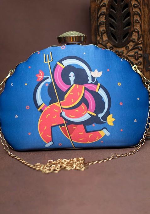 Blue Fabric Printed Half Moon Clutch