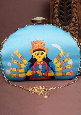 Blue Fabric Durga Maa Printed Half Moon Clutch