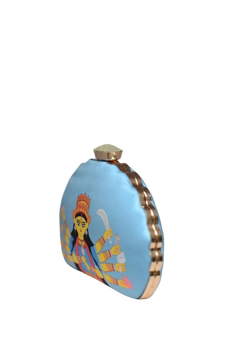 Blue Fabric Durga Maa Printed Half Moon Clutch - Indya