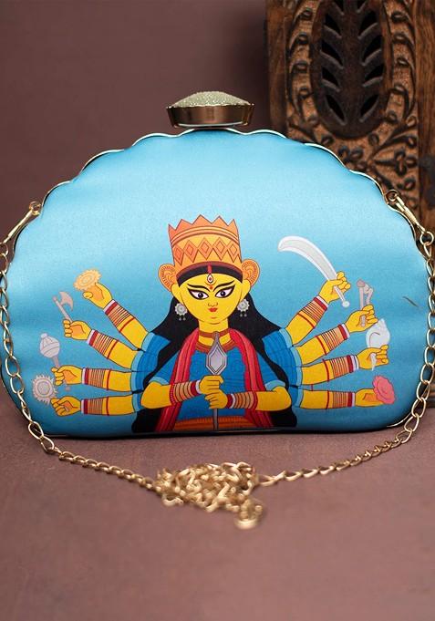 Blue Fabric Durga Maa Printed Half Moon Clutch