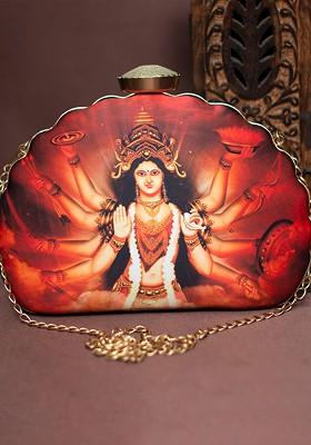 Maroon Fabric Printed Half Moon Clutch