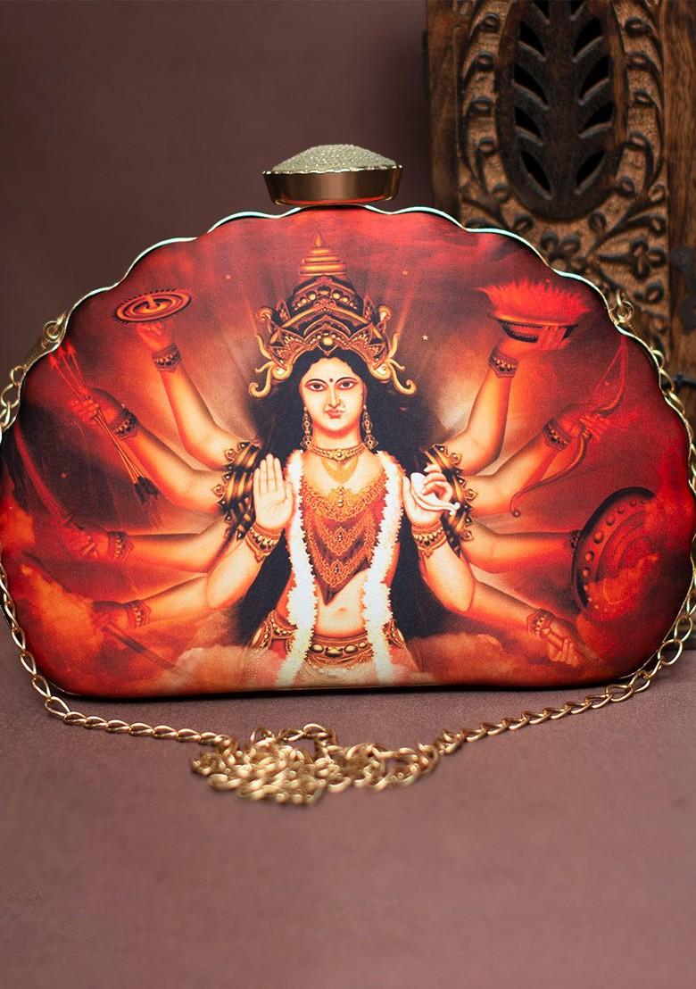 Maroon Fabric Printed Half Moon Clutch - Indya