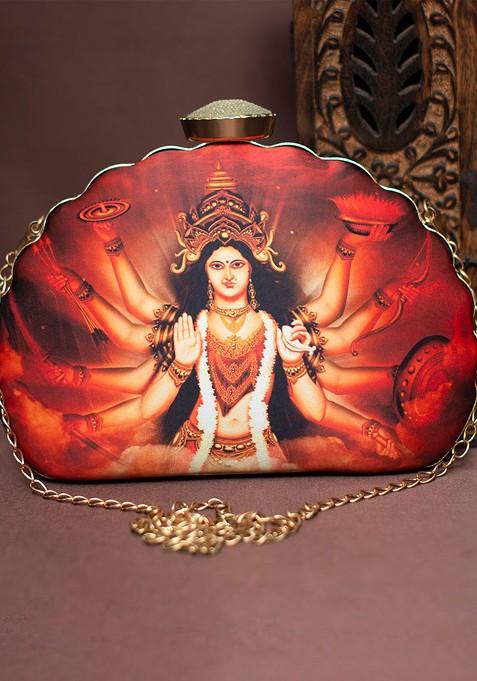 Maroon Fabric Printed Half Moon Clutch