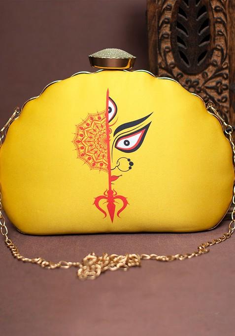 Yellow Fabric Printed Half Moon Clutch