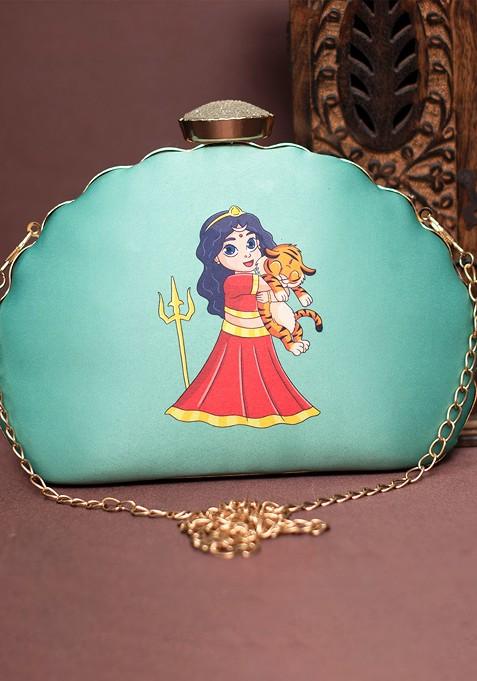 Blue Fabric Printed Half Moon Clutch