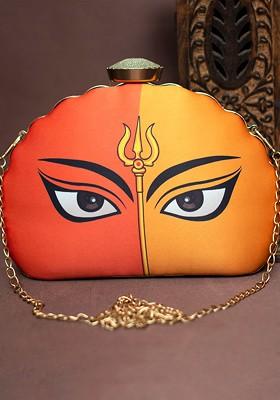 Yellow Fabric Durga Printed Box Clutch