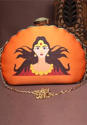 Orange Fabric Printed Half Moon Clutch