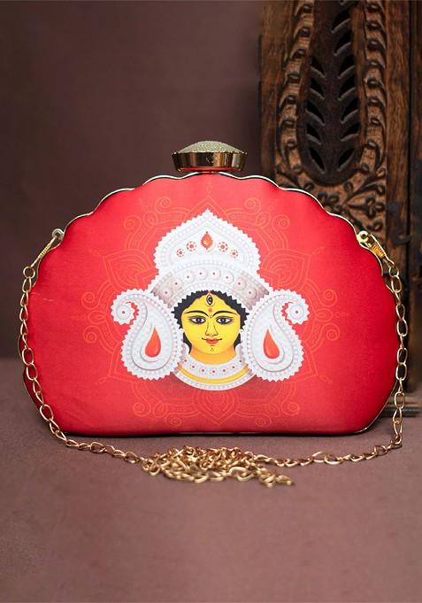 Red Fabric Durga Printed Half Moon Clutch