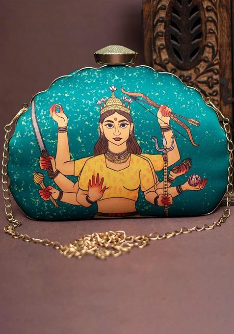 Green Fabric Durga Printed Half Moon Clutch